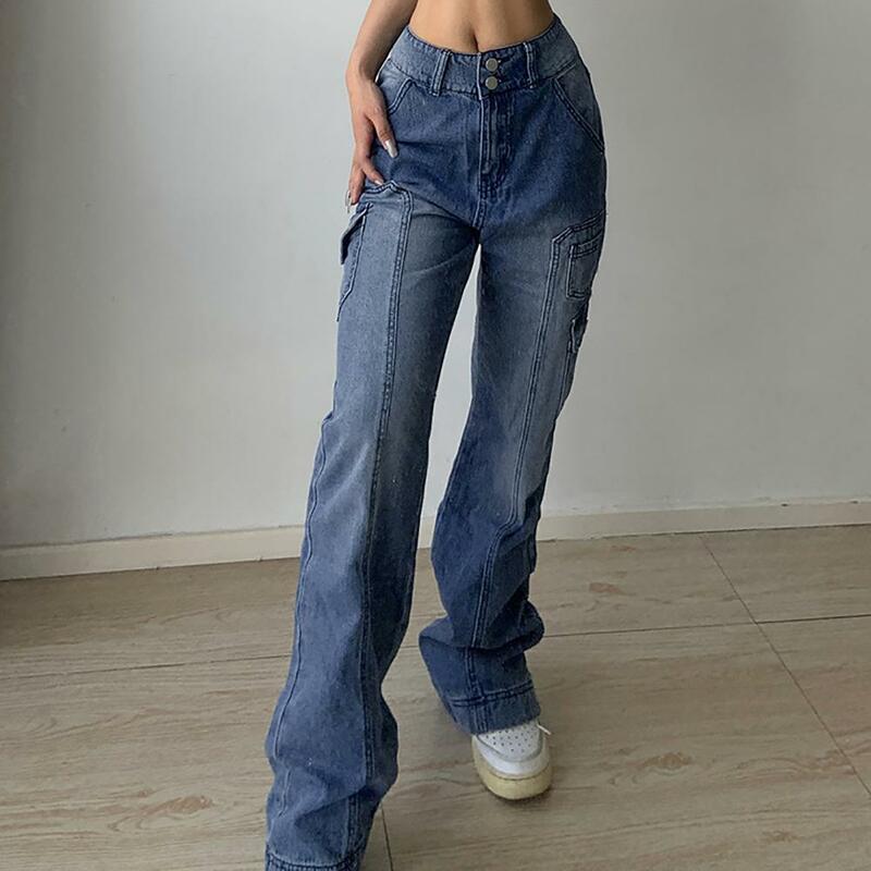 ผู้หญิง Overalls สูงเอวกระเป๋าหลายปุ่มลำลองกางเกงยีนส์ขาตรงขากว้างยาว Denim กางเกง Streetwear