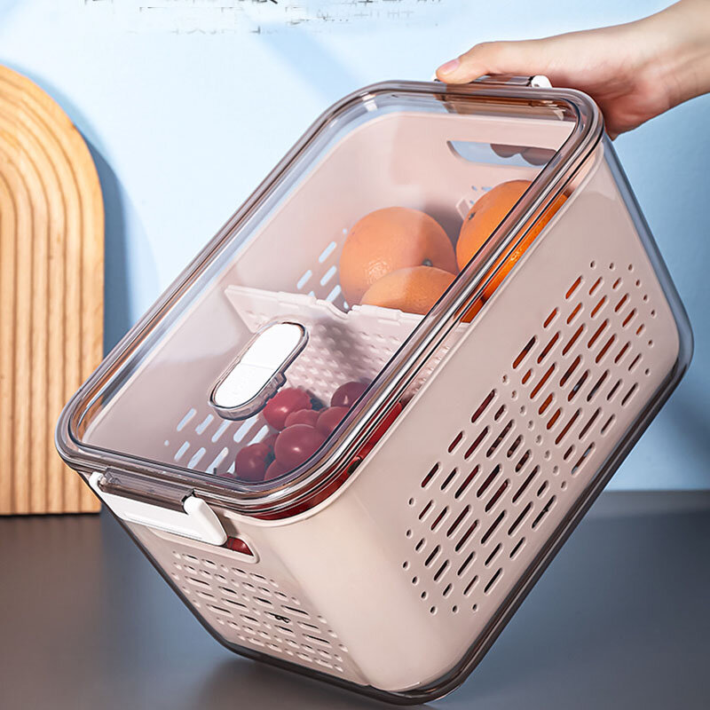 Caixa de armazenamento de cozinha geladeira manter fresco caixa de frutas vegetais dreno de plástico crisper cesta recipiente com tampa