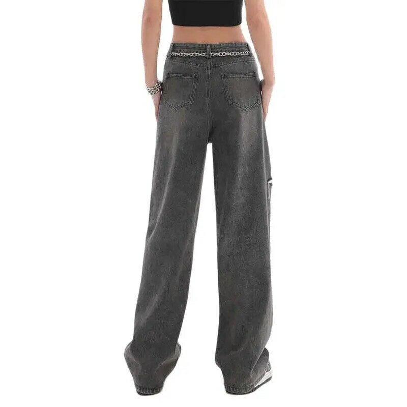 Pantalones vaqueros holgados de cintura alta para mujer, ropa de calle informal, con agujeros lavados