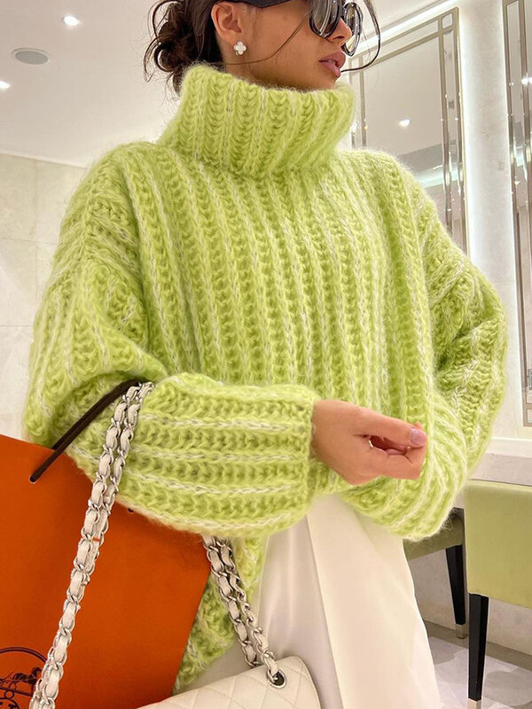 Suéter de punto de cuello alto para mujer, suéter holgado informal de gran tamaño, Top de manga larga sólido, Jersey cálido de invierno