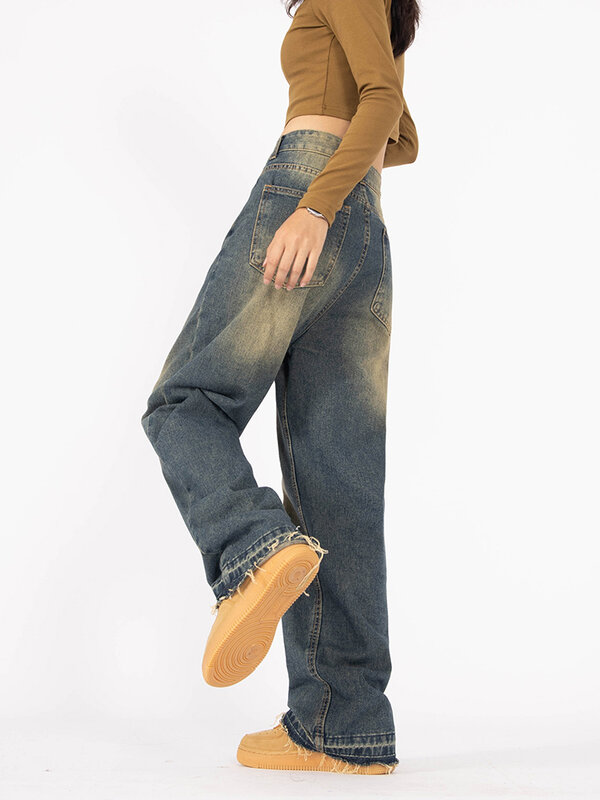 Damskie jeansy wysokiej talii Vintage proste workowate spodnie dżinsowe Y2k Streetwear modna w stylu amerykańskim hip-hopowe szerokie z szeroką nogawką nowość