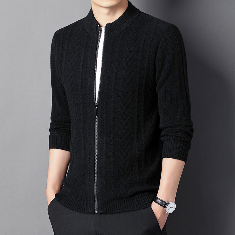 Männer reine wolle pullover zipper strickjacke herbst und winter stehkragen jacquard Koreanische jacke verdickt männer pullover