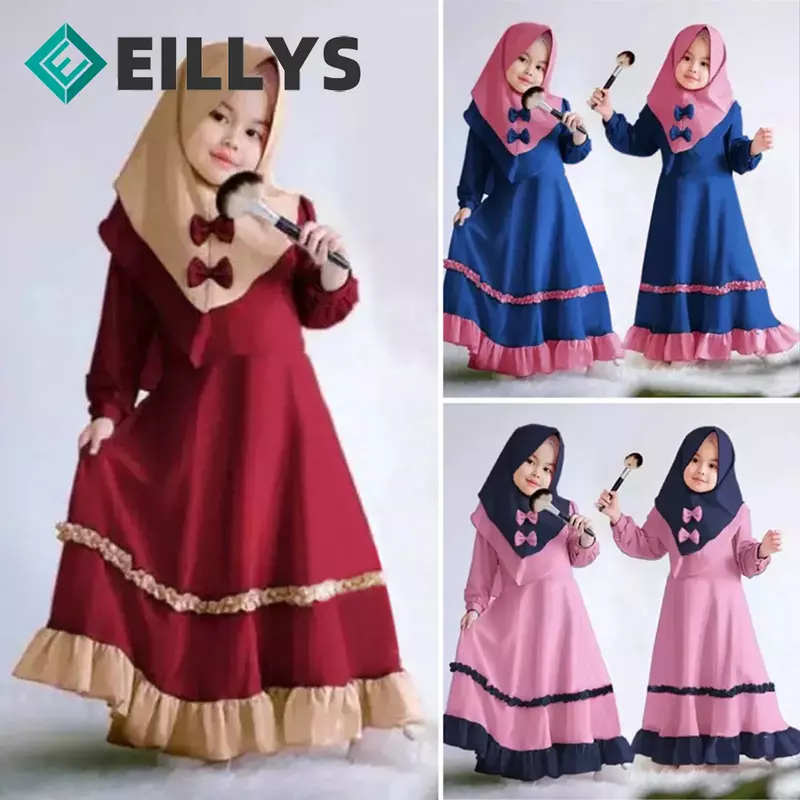 2 Piece Abaya Hijab Dress Girls Muslim Scarf Robes Prayer Sets Niqab Burqa Kids Solid Loose Abayas Islamic Clothing Ramadan