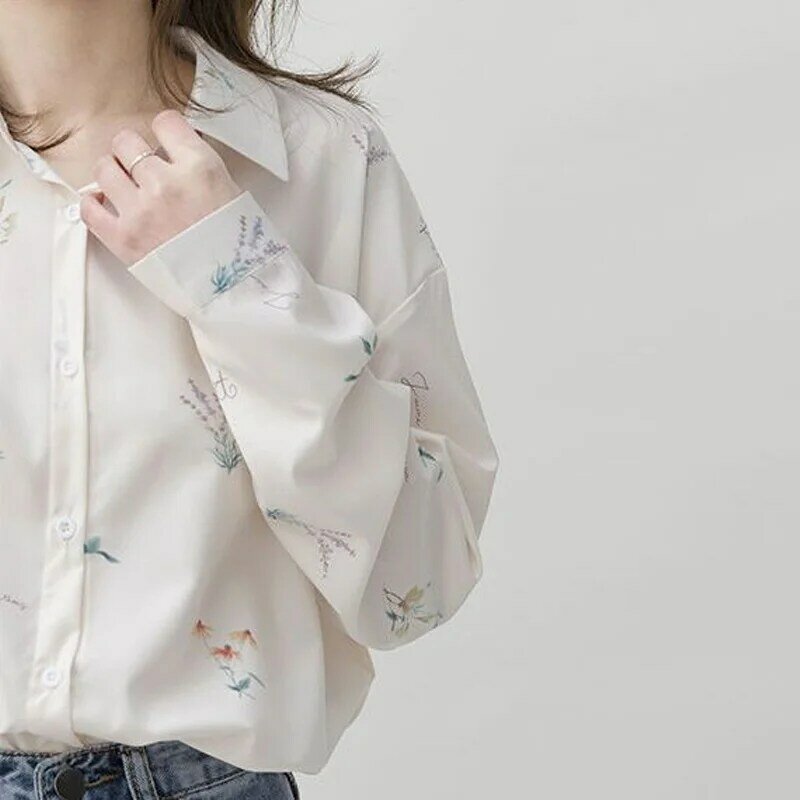 Mode Büro Druck Blumen einreiher Weiß Bluse Frauen Lange Hülse Drehen-unten Kragen Koreanische Alle-spiel chiffon Hemd