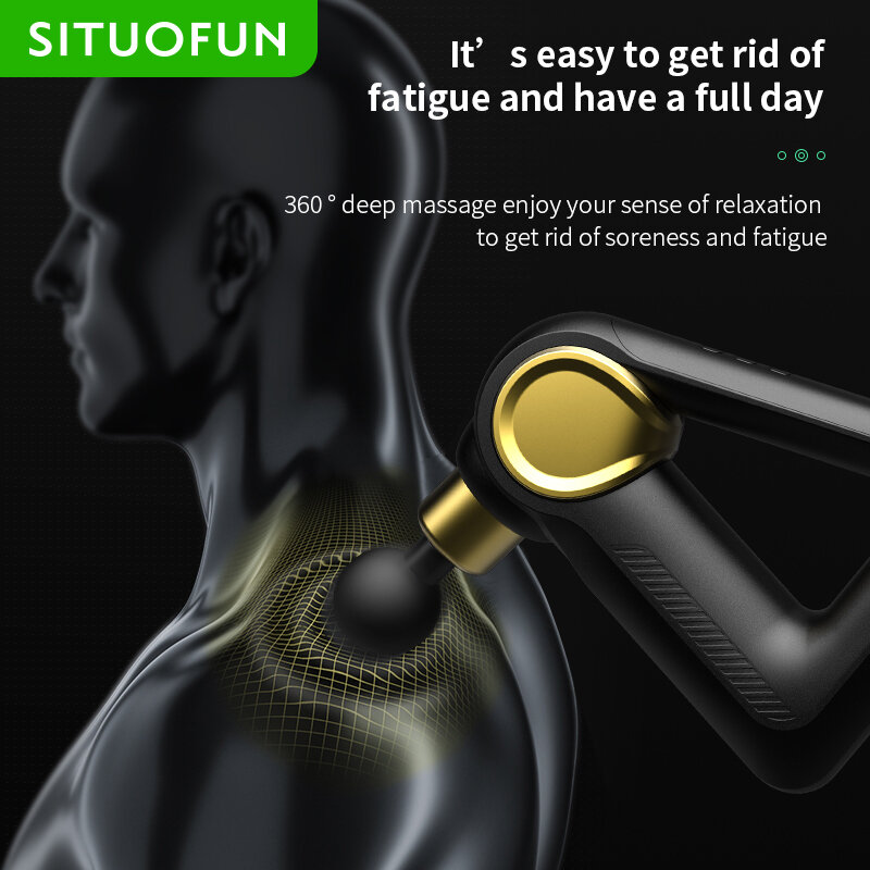 SITUOFUN LCD elektryczny pistolet do masażu 32 poziomy masażer perkusyjny Fitness głębokie tkanki mięśni na kark i ciało powrót relaks ulga w bólu