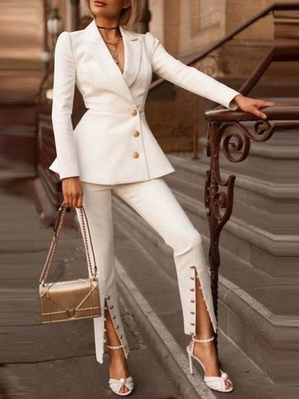 Long Sleeve Solid Y2K Lapel Thin Suit VONDA Women Pant Sets 2PCS Ropa De Mujer Jackets Office Formal Coats Split Long Trousers