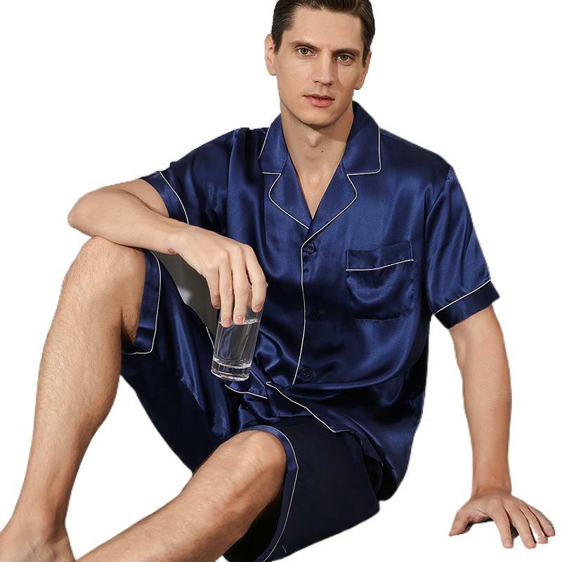 19 Momme Musim Panas 100% Sutra Alami Celana Pendek Piyama Set Pakaian Tidur Pria Lengan Pendek Warna Murni Elegan Piyama Pria
