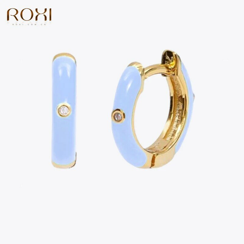 ROXI miedź kolorowe okrągła obręcz kolczyki dla kobiet 2021 Trendy kapanie oleju biżuteria kolczyki Ins cyrkon kryształy kolczyk typu Huggie