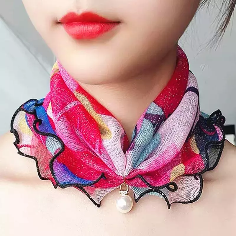 Fake Pearl Pendant Organza Neck Collar Chiffon Scarves Lace Pearls Scarf Fashion Print Shiny Variety Scarf Clothing Accessories