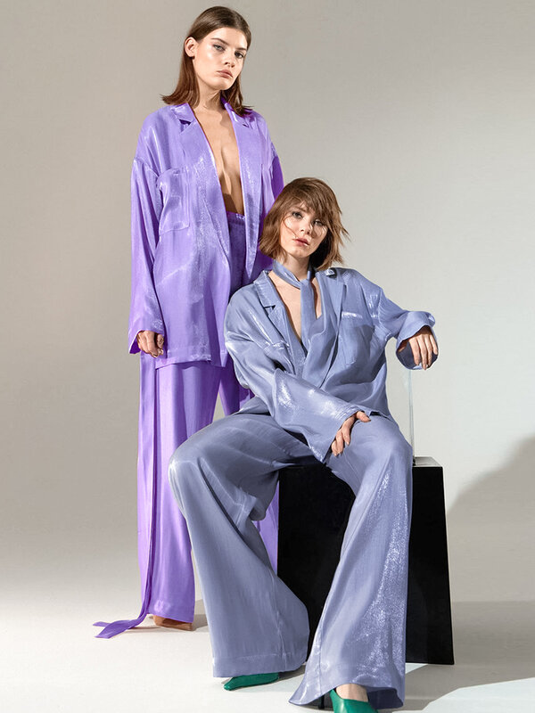 Hiloc Heldere Zijde Vrouwen Pyjama Set Turn-Down Kraag Losse Gewaad Sets Met Broek Blauw Mode Thuis Pak palazzo Broek Nachtkleding