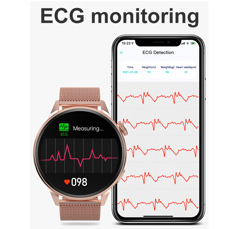 Rollstimi Jam Tangan Pintar Pria Wanita NFC Jalur Bluetooth Panggilan Jam Tangan Olahraga Dial Kustom Denyut Jantung Kebugaran Oksigen Darah Gelang EKG