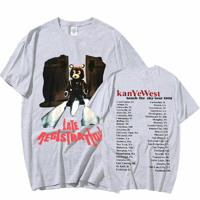 Vintage 2005 Kanye West późna rejestracja Tour T Shirt koszulki z nadrukami Hip Hop koszulki w stylu Harajuku Unisex koszulki męskie Streetwear