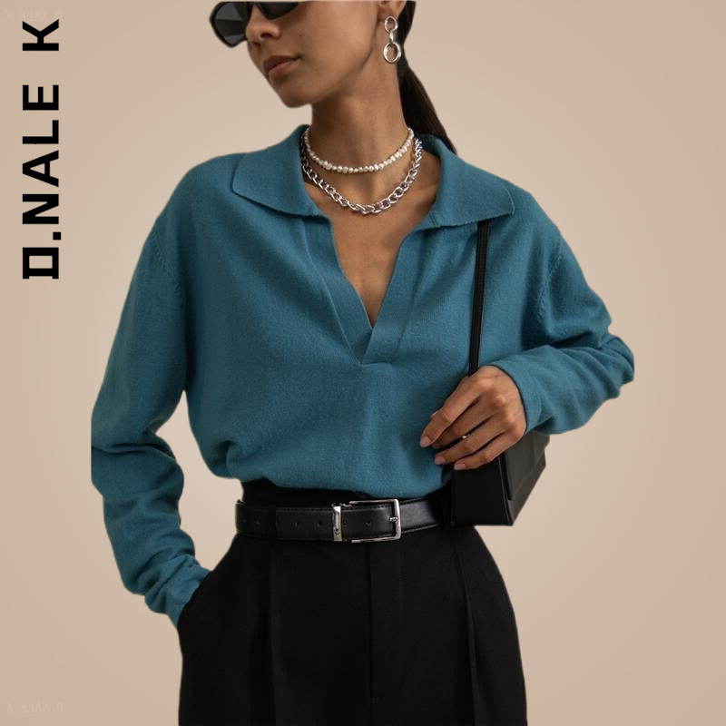 D.Nale K Autumn Winter Women Loose Thick Cashmere Pullover Vintage Polo Collar Sweater Women Warm Sweater Jumper