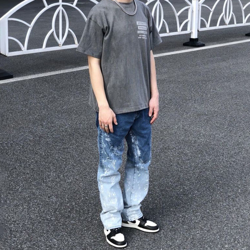 American Street Gradient สาดหมึก Graffiti กางเกงยีนส์ผู้ชายยี่ห้อขาตรงเก่าล้าง Retro Casual กางเกงกางเกง