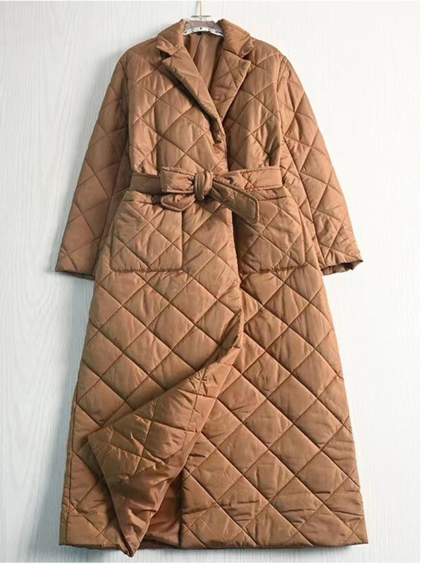 Mantel Panjang Hitam Wanita Musim Dingin 2022 Jaket Berlapis Katun Jaket Sabuk Gaya Jalanan Longgar Kasual Korea Ukuran Besar