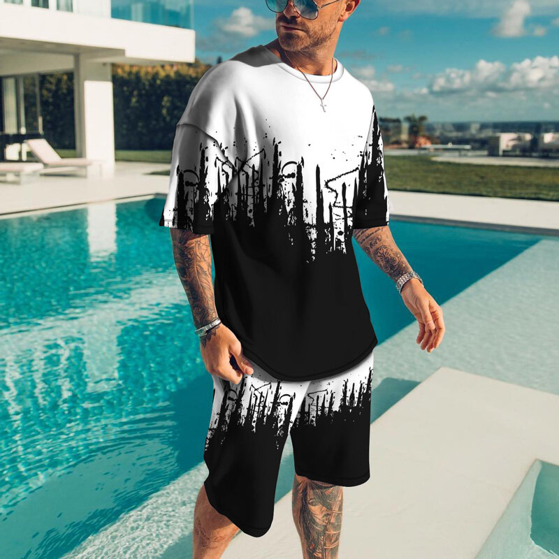 Verão terno masculino moda 3d impressão padrão conjunto de roupas esportivas camiseta + shorts 2 peça jogging masculino fitness