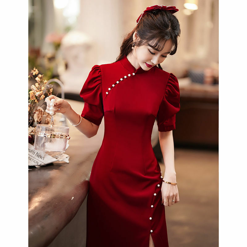 2021 여름 폭발 스타일-중국 복고풍 여성 토스트/신부/웨딩 약혼 와인 레드 슬림 치파오 드레스