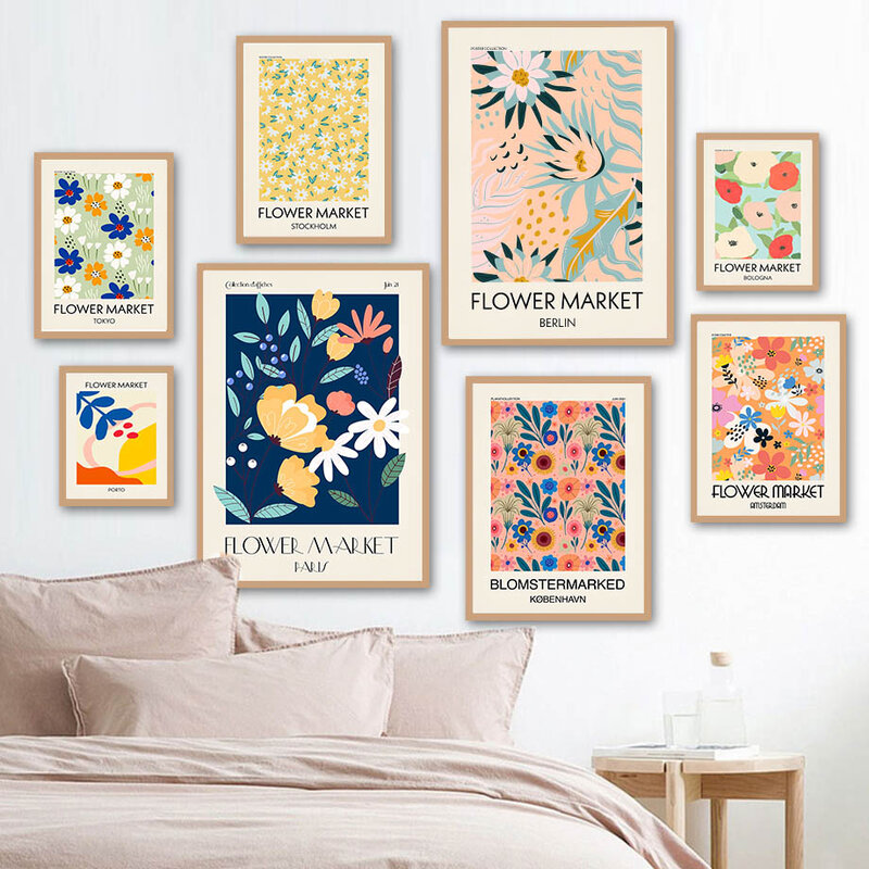 Pasar Bunga Warna-warni Segar Bentuk Bunga Lukisan Kanvas Seni Dinding Poster Nordic dan Gambar Dinding Cetakan untuk Dekorasi Ruang Tamu