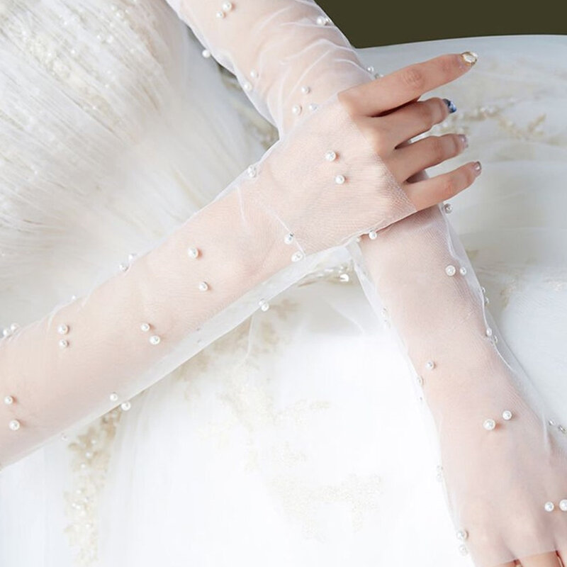 Perłowe tiulowe rękawiczki akcesoria do sukni suknia ślubna ze zdjęciami kobiet w ciąży rekwizyty wieczorowe akcesoria do sukni