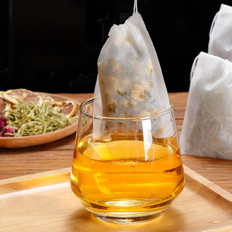100 sacos de filtro descartáveis dos saquinhos de chá dos pces com corda cura o selo não-tecido da especiaria da tela filtra teabags para o chá solto da erva