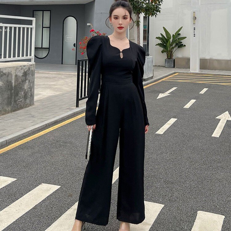 Женский комбинезон с широкими штанинами, элегантный винтажный комбинезон в Корейском стиле с V-образным вырезом для офиса,