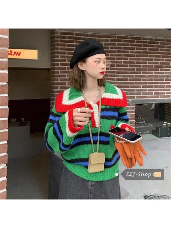 Women Autumn Winter Turtleneck Contrast Color Vintage Pearl Button Knitwear Jumper Oversize Long Sleeve Knitted Pullover Sweater