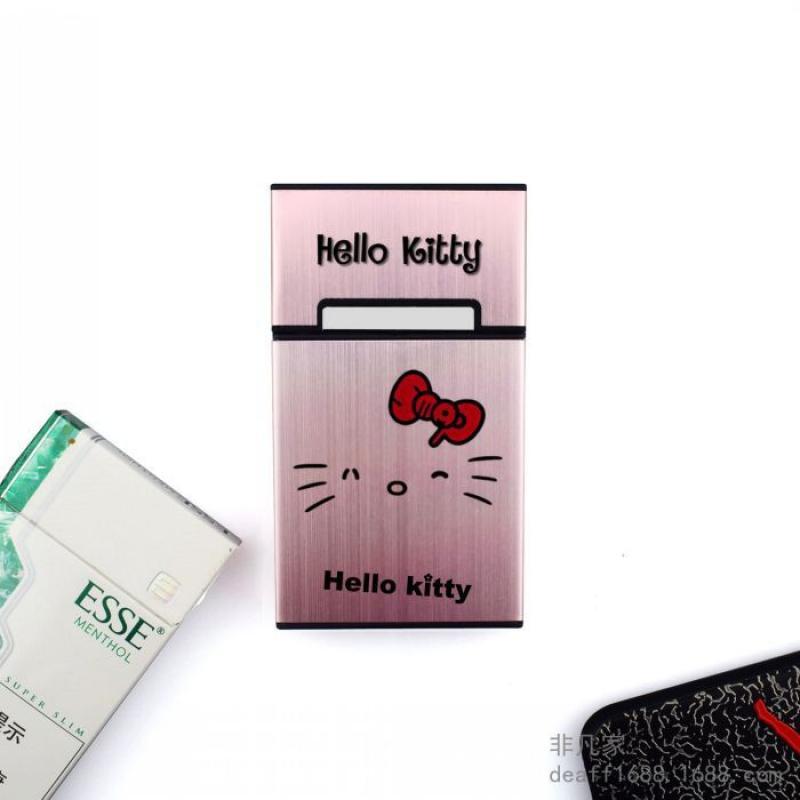 Kawaii Hello Kitty portasigarette in metallo automatico Flip Cartoon Anime borsa portatile in lega di alluminio per 20 sigarette sottili grezze