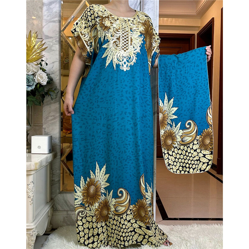 Robe Africaine Dashiki en Coton pour Femme, Kaftan Abaya, Col Bateau, Imprimé Floral, Manches Courtes, Écharpe Décontractée, 2023, YY22