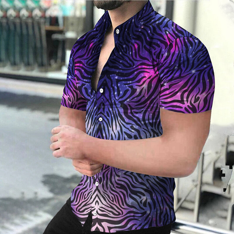 Plus Size Shirts Fashion Men Turn-down Collar Button Down Shirt Digital Print Casual Men Tops Short Sleeve Blouse Streetwear