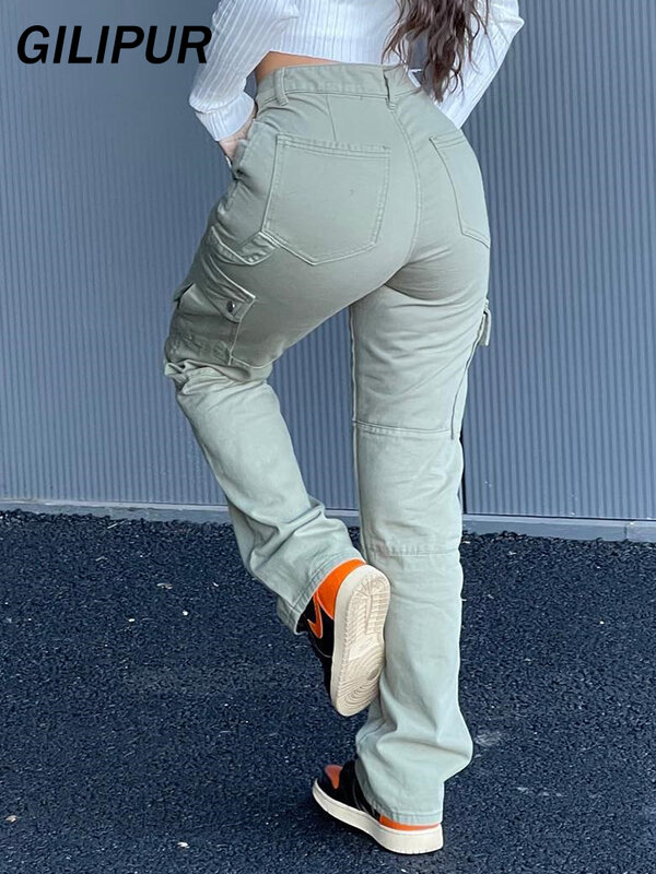 Celana Kargo Wanita Pinggang Tinggi Kasual Celana Khaki Longgar Antik Y2k Streetwear Stretch Lebar Kaki Celana Fashion Jeans Lurus