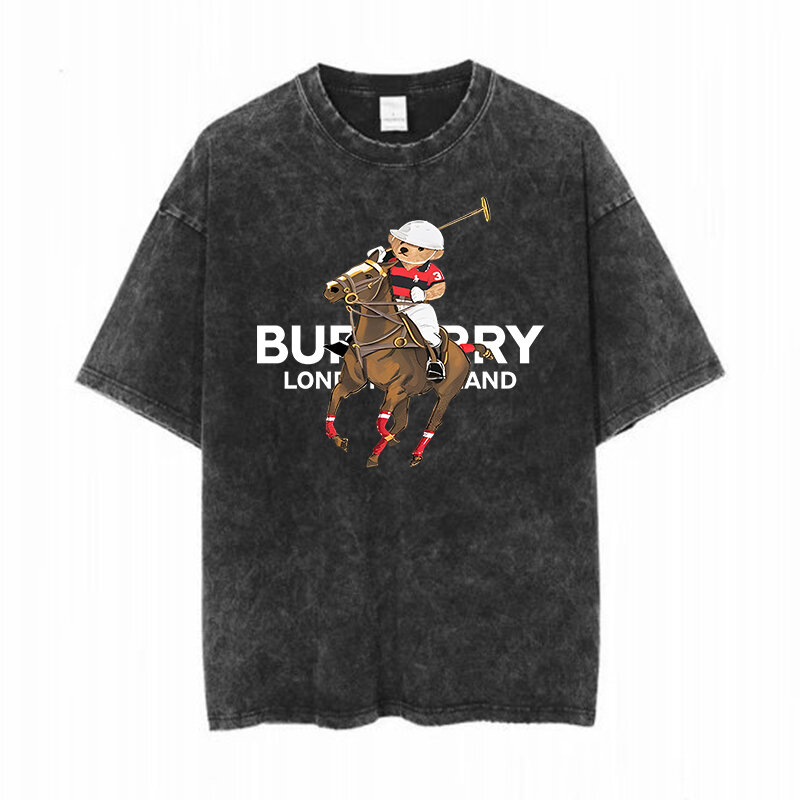 Men Luxury Short Sleeve T-shirt Vintage Washed Distressed Denim T Shirt Loose Fit Letter Bear Print Summer Tshirt + Shorts Set