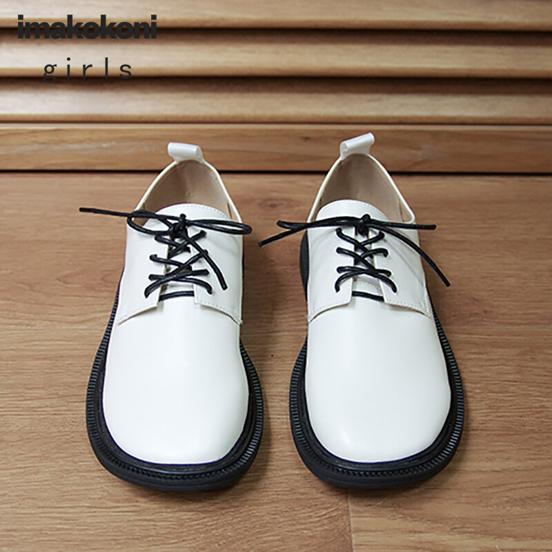 imakokoni original design white round head leather shoes female casual wild Japanese flat shoes 203077