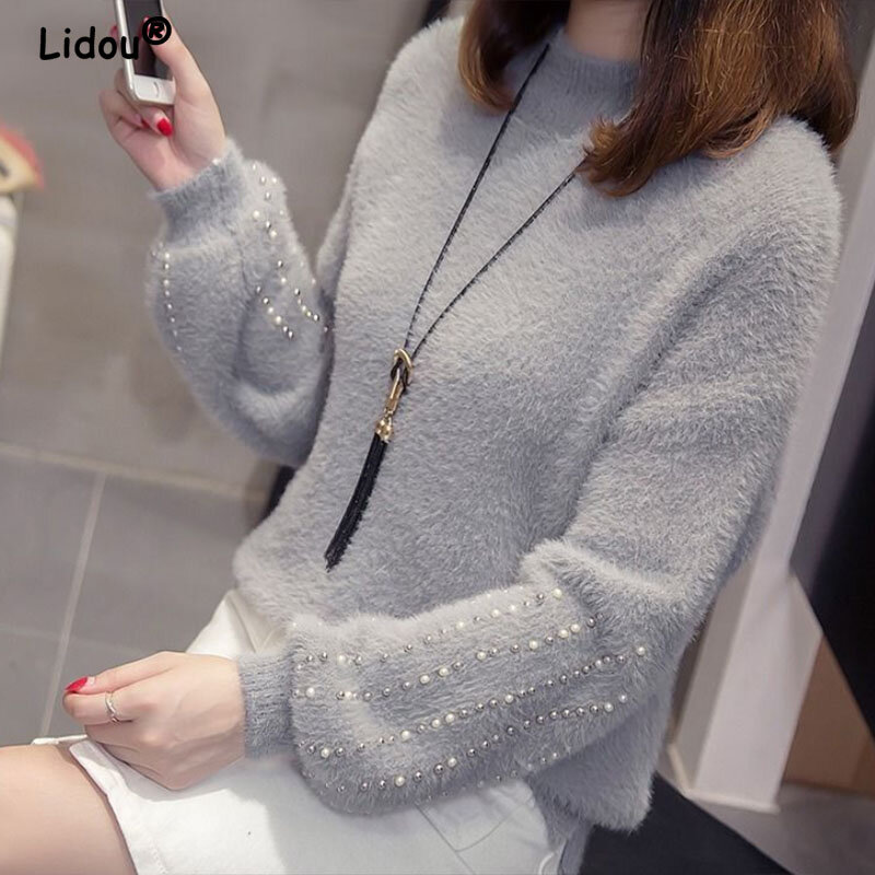 Elegant Fashion O-Neck Knitted  Plush sweater pullovers for women 2022 new Chic Embroidered Flares korean fashion tops T-Shirt
