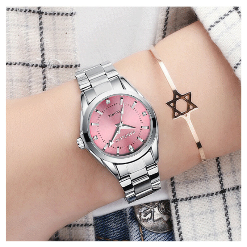 Модные женские круглые часы, маленькие женские кварцевые часы из нержавеющей стали, водонепроницаемый браслет, простой розовый, серебристы...