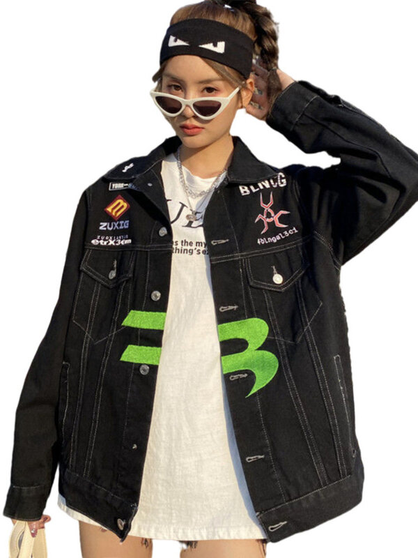Куртка джинсовая свободного покроя в стиле хип-хоп с вышитыми надписями