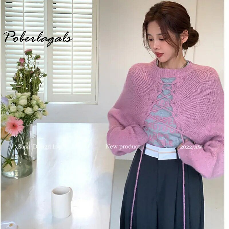 Vintage Lace Up Loose Casual Long-sleeved pink Sweater + t-shirt 2 pieces sets Women 2023 Autumn Knitted Crop Tops