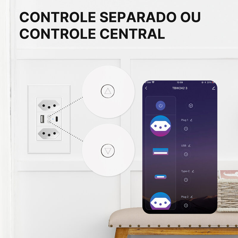 Tomada de parede WiFi inteligente, plugue elétrico padrão brasileiro, carregador USB tipo C, 10A, controle separado, controle remoto, 100-240V