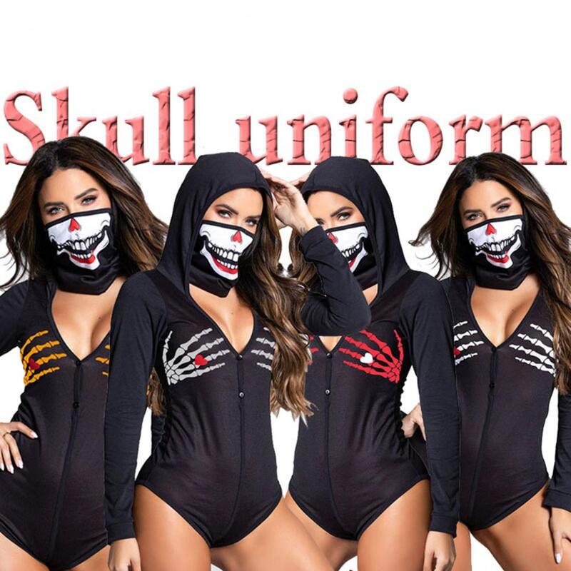 50%HOTHalloween Bodysuit Long Sleeves Deep V Neck Buttons Slim Fit Contrast Colors Role Play Devil Colors Matching Skull Print H