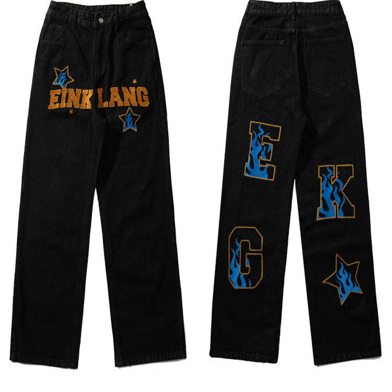 Estilo de rua lazer jeans bordado high street hip hop nicho jeans masculino e feminino primavera e verão americano calças de perna larga