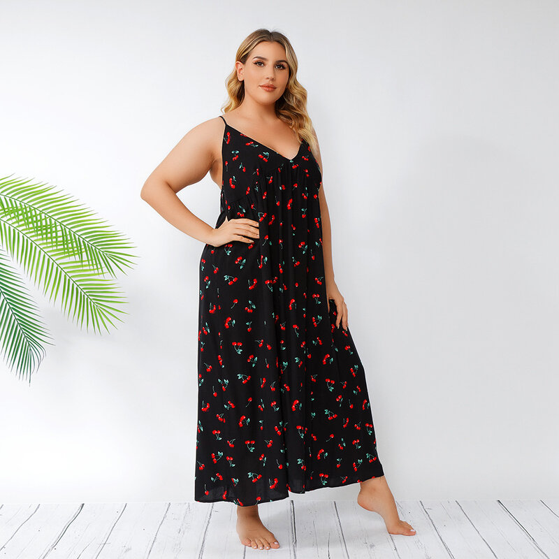 Plus size  Large home nightdress summer sexy suspender V-neck backless print loose sleeveless dress