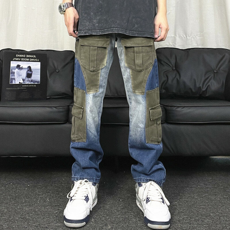 Jeans largas com bolsos múltiplos para homens, calças cargo, calças jeans retas, roupas de rua, moda Cyber Y2K, 2023
