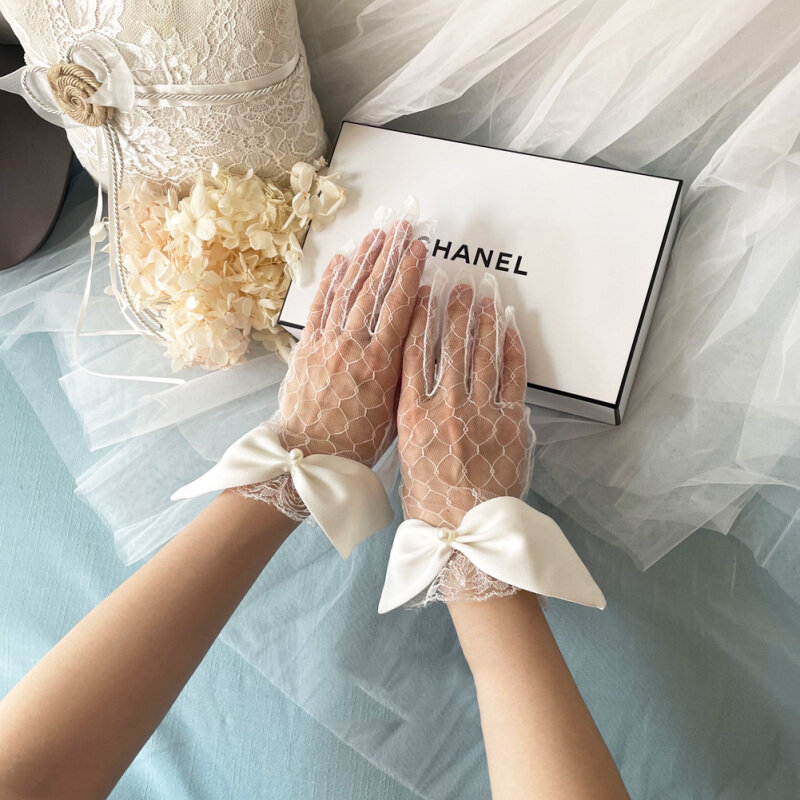 Bridal Lace Pearl Net Yarn Luvas, Comprimento do pulso, Luvas de malha, Etiqueta formal de festa, Acessórios para casamento, Luvas de dança curtas