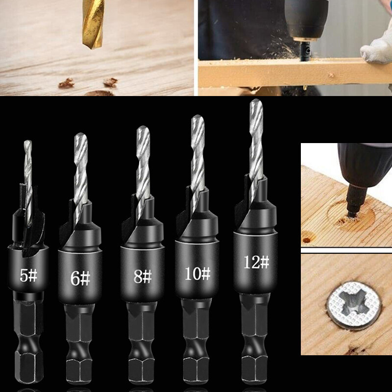5pcs Woodworking Hex Shank 2 Flute Carbide Carpentry Drill Bits Countersink Drill Bit Set For Wood,Screw Hole Opening Bits