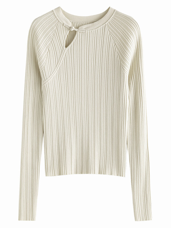 FSLE-Camiseta ajustada de lana para mujer, camisa de punto con tira ancha, Tops elegantes de punto de Color liso, estilo chino, novedad