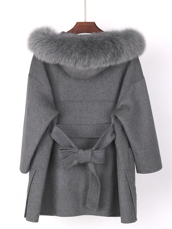 Mantel Bulu Asli 2022 Jaket Musim Dingin Wanita Longgar Kerah Bulu Rubah Alami Kasmir Campuran Wol Pakaian Luar Panjang Sabuk Streetwear