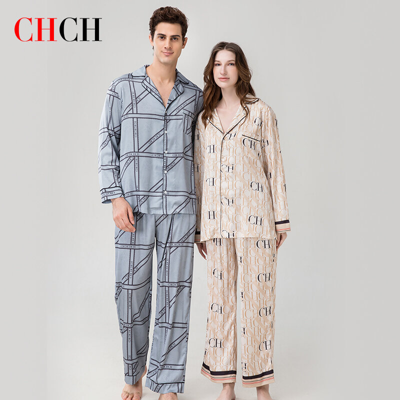 Chch 2022 novos homens e pijamas das mulheres em casa conjunto de mangas compridas calças de poliéster + spandex solto confortável conjunto de pijamas casal