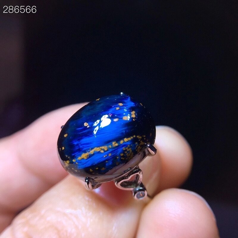 Кольцо регулируемое из серебра 16,4 пробы с натуральным синим пьестерситом, кошачий глаз, 12,4/925 мм