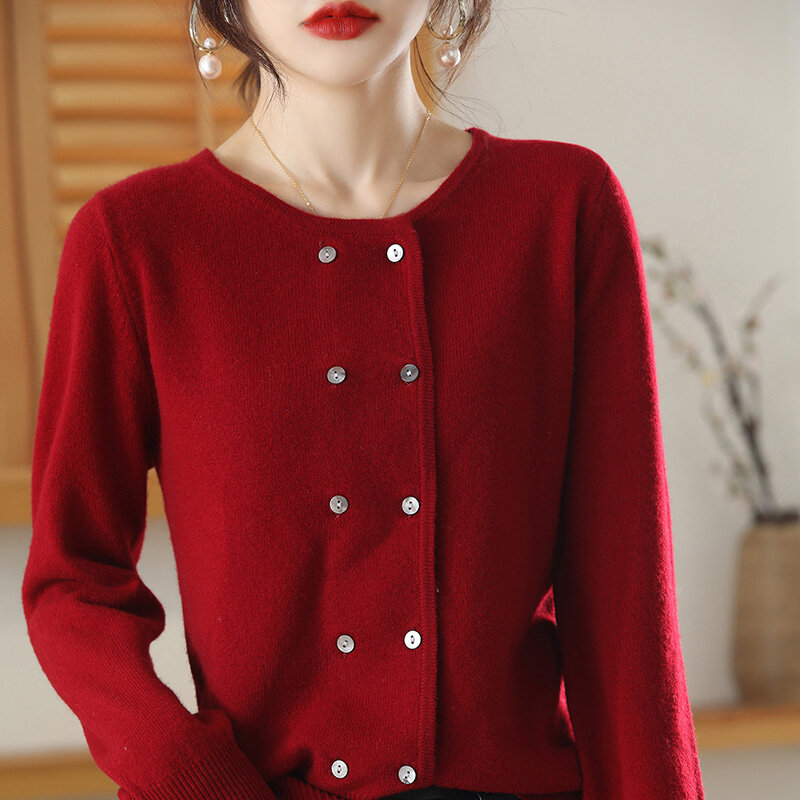 Primavera y verano de lana para mujer, suéter cárdigan de punto de doble botonadura con cuello redondo de Color sólido, ropa exterior Simple, nueva versión coreana.