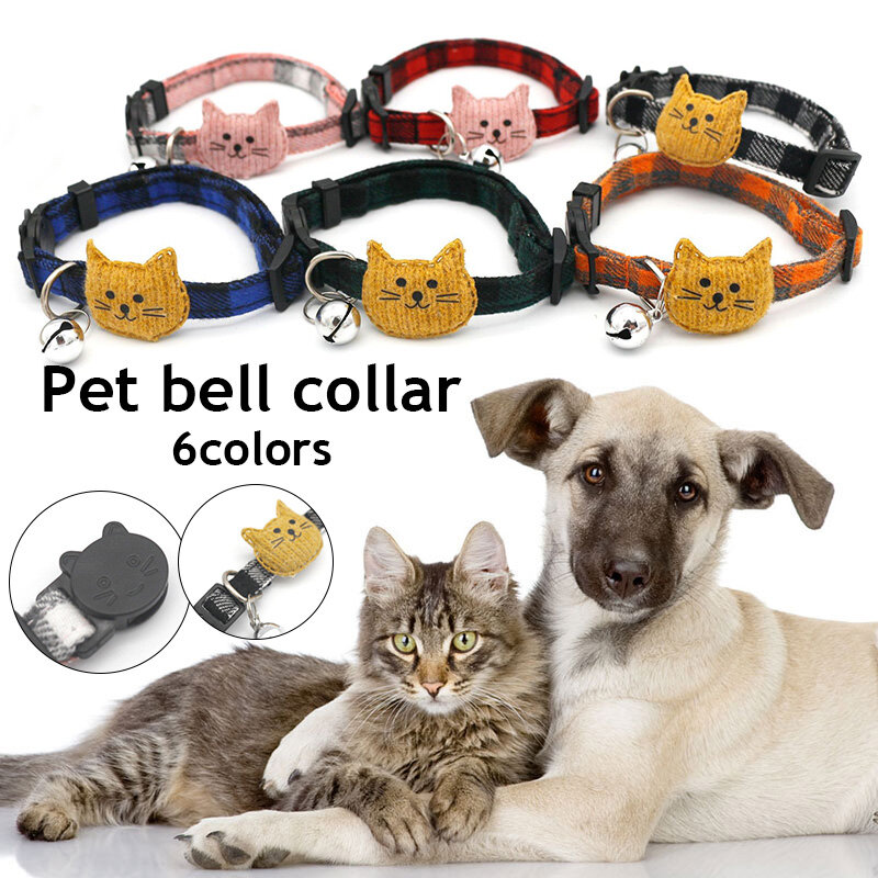 Collar de gato a cuadros ajustable con colgante de campana, Collar con hebilla de seguridad a la moda, Parche de lazo de nailon para perros y mascotas, suministros de joyería para mascotas