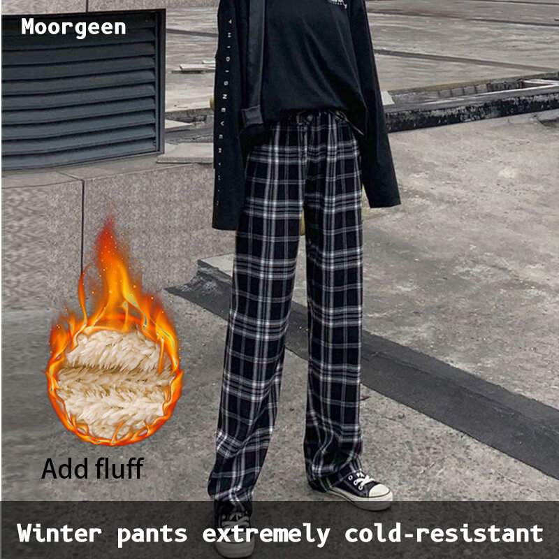 Calças xadrez calças femininas 2022 outono e inverno calças de perna larga cintura alta em linha reta-perna estudante calças casuais grossas